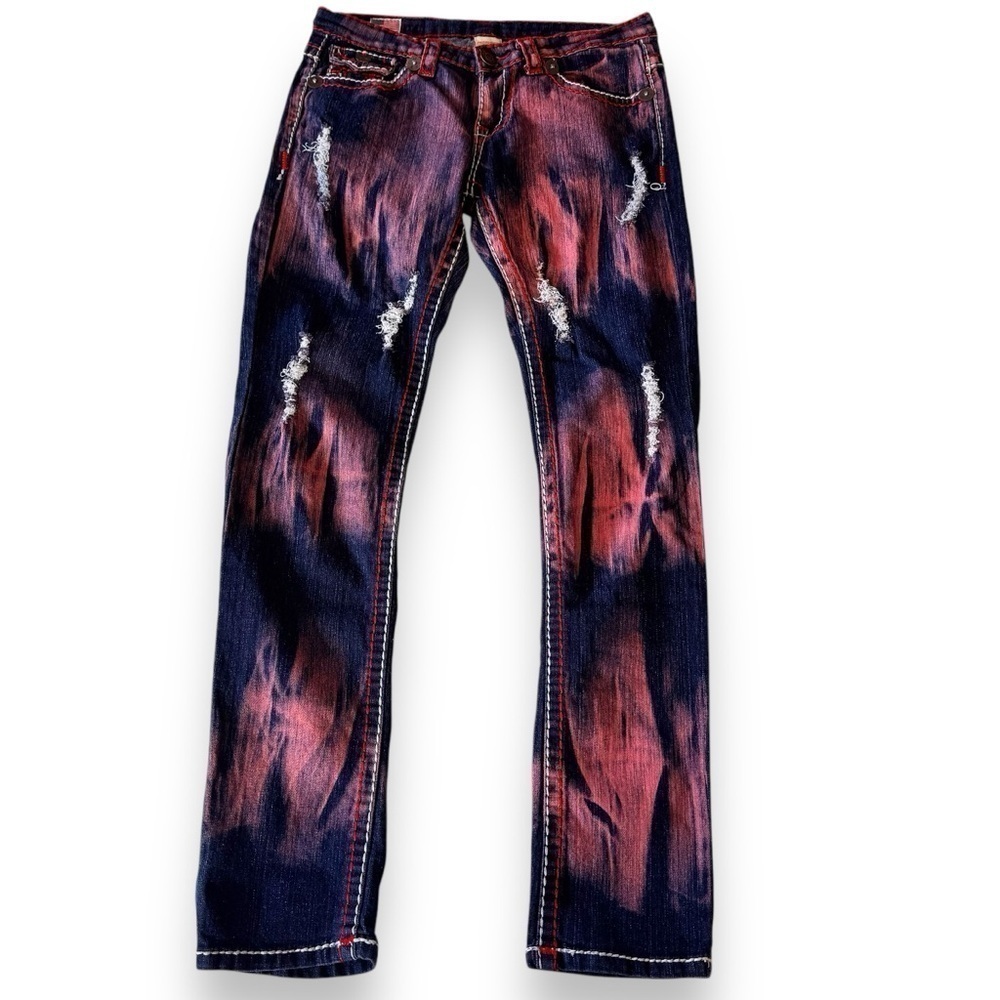 True Religion super T jeans distressed OOAK mid low rise red Rare NEW deadstock